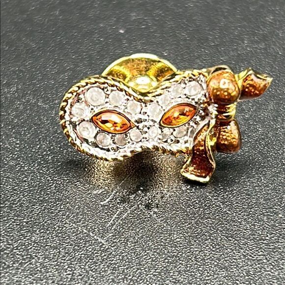 Swarovski Crystal Tabac Amber Stone Venetian Masquerade Mask Gold Brooch Tac Pin - Picture 1 of 5